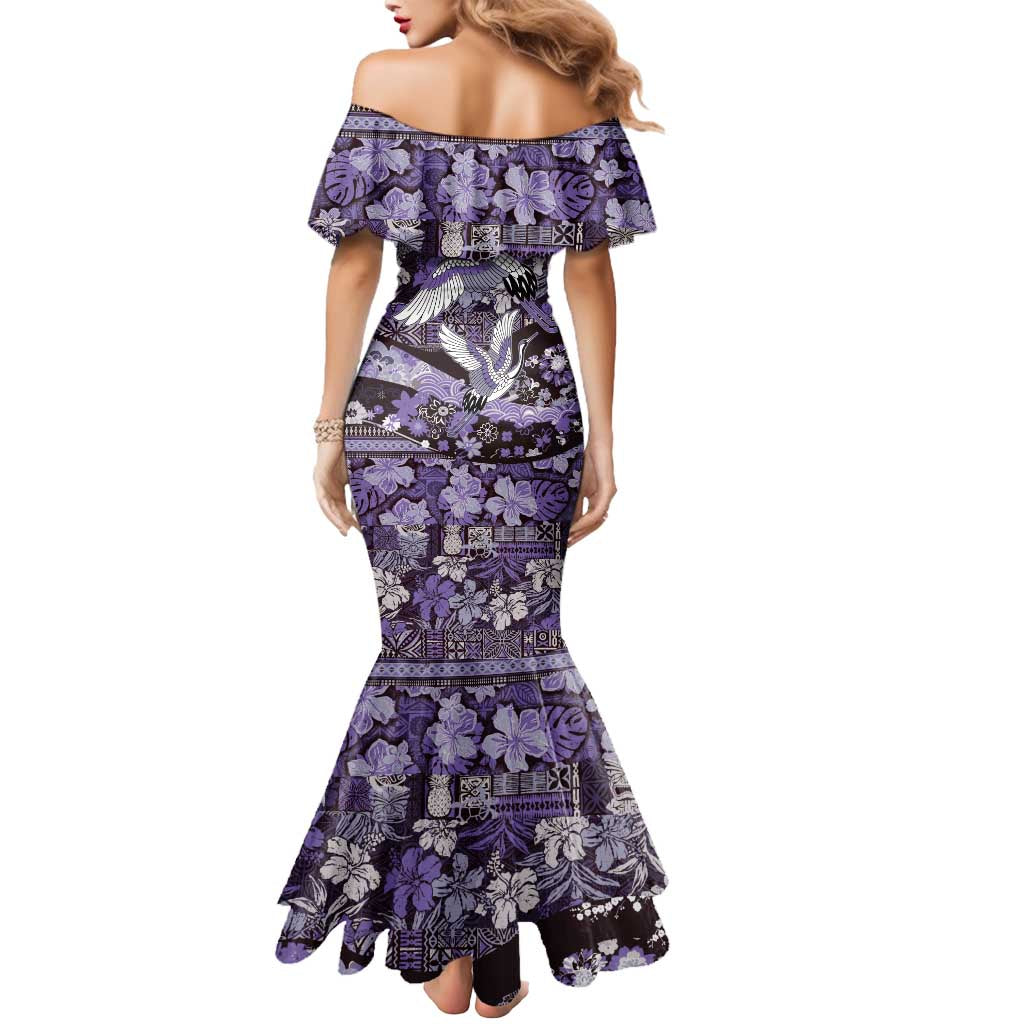 Japanese Hawaiian Crane Mermaid Dress Purple Tapa Patchwork Pattern