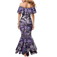 Japanese Hawaiian Crane Mermaid Dress Purple Tapa Patchwork Pattern