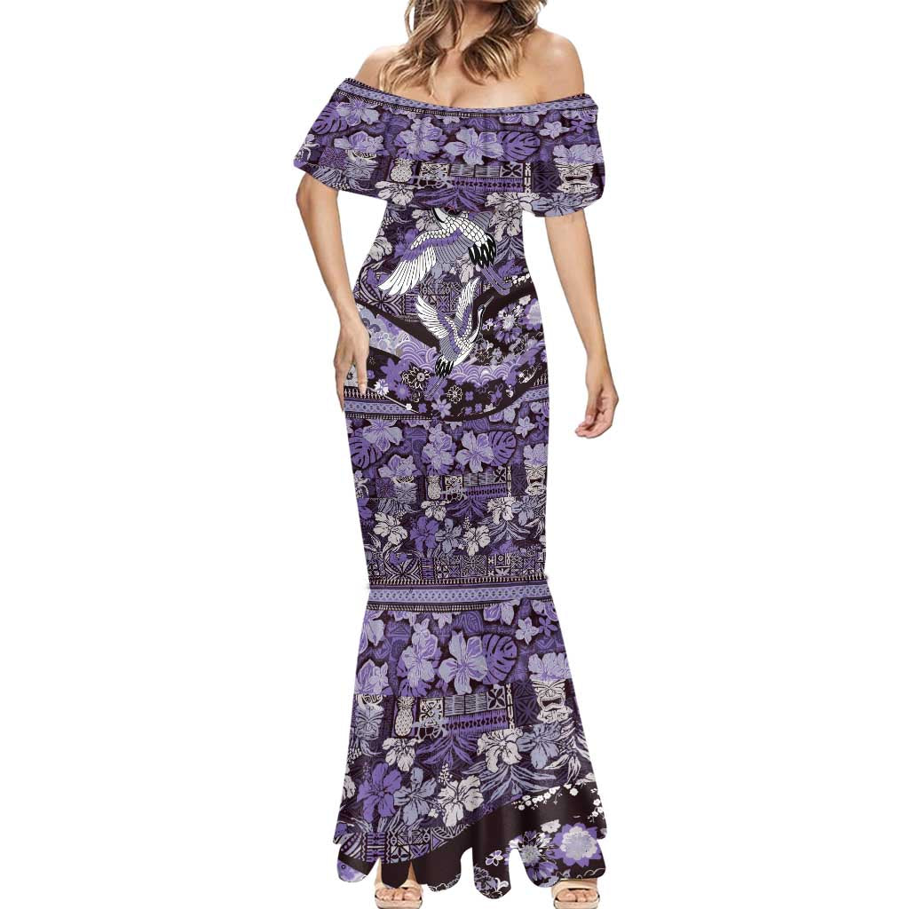 Japanese Hawaiian Crane Mermaid Dress Purple Tapa Patchwork Pattern