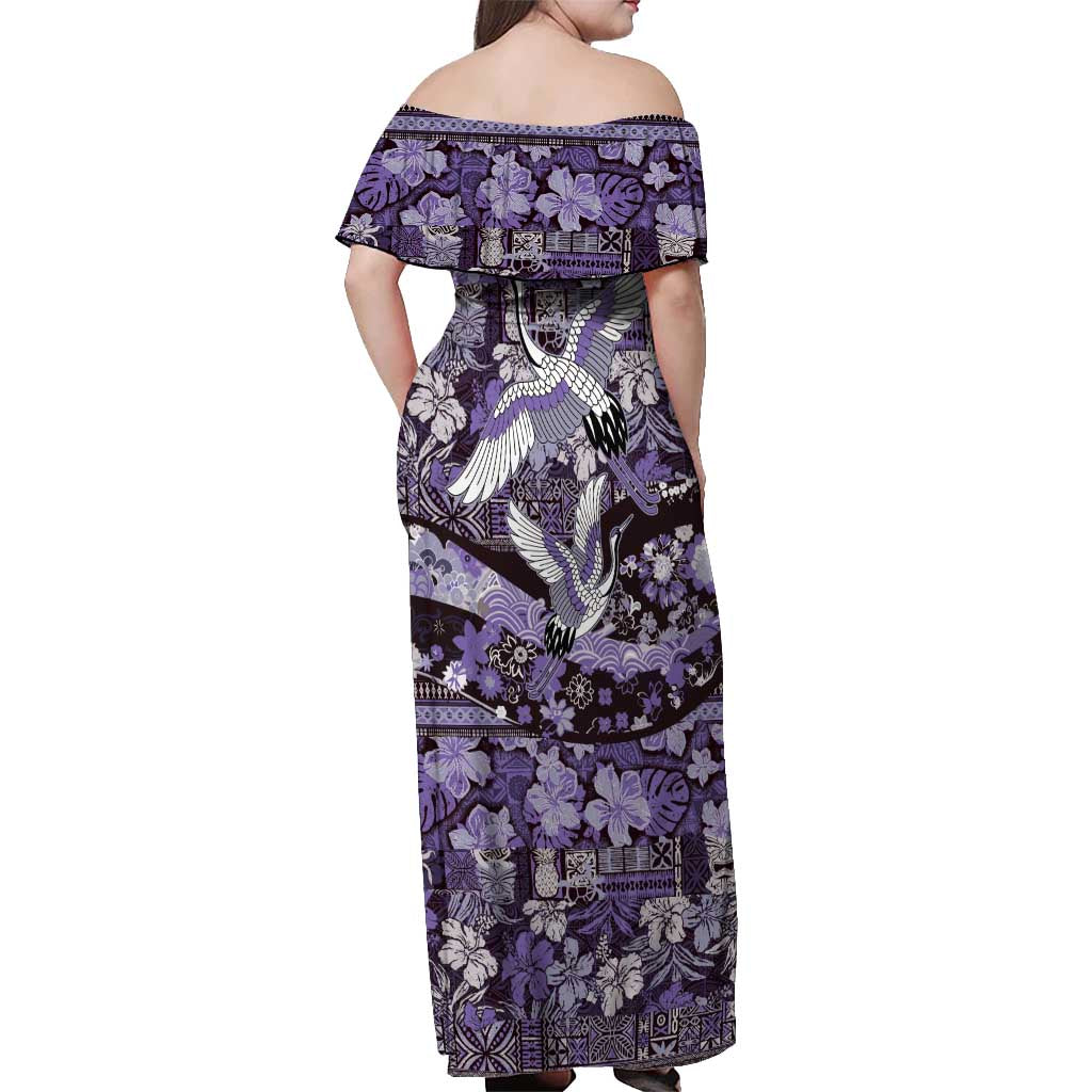 Japanese Hawaiian Crane Off Shoulder Maxi Dress Purple Tapa Patchwork Pattern