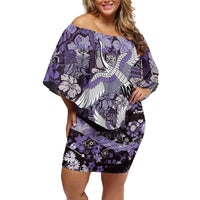 Japanese Hawaiian Crane Off Shoulder Short Dress Purple Tapa Patchwork Pattern