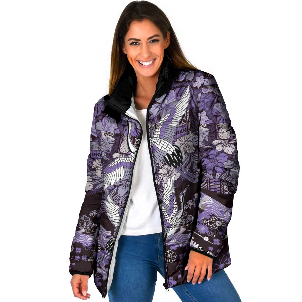 Japanese Hawaiian Crane Padded Jacket Purple Tapa Patchwork Pattern