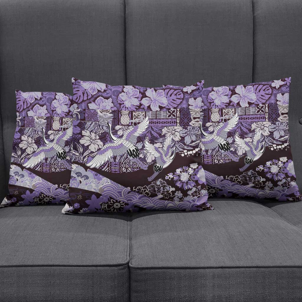 Japanese Hawaiian Crane Pillow Cover Purple Tapa Patchwork Pattern