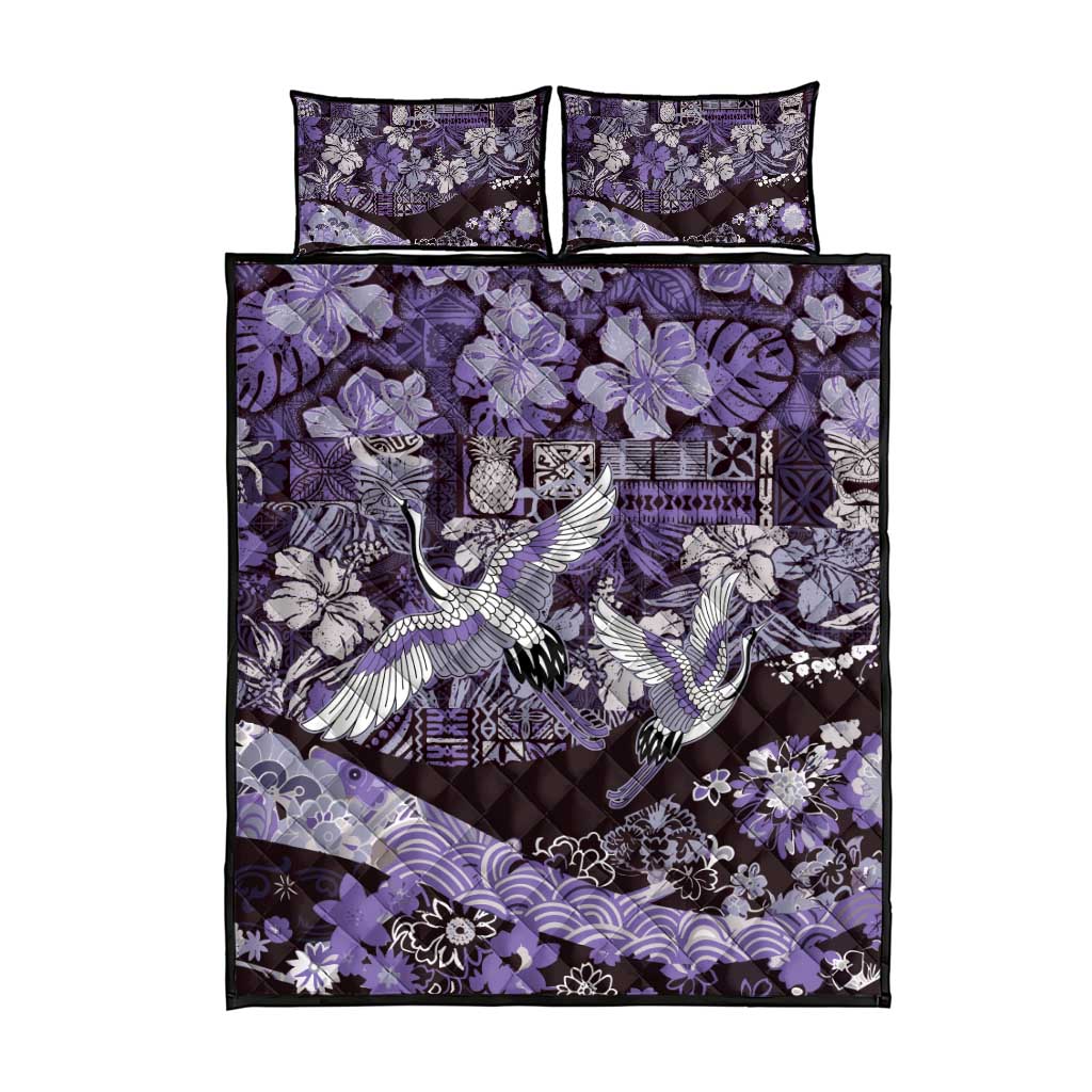 Japanese Hawaiian Crane Quilt Bed Set Purple Tapa Patchwork Pattern