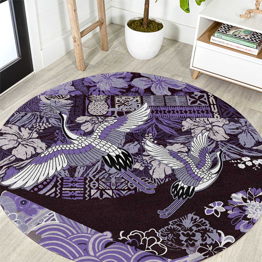 Japanese Hawaiian Crane Round Carpet Purple Tapa Patchwork Pattern