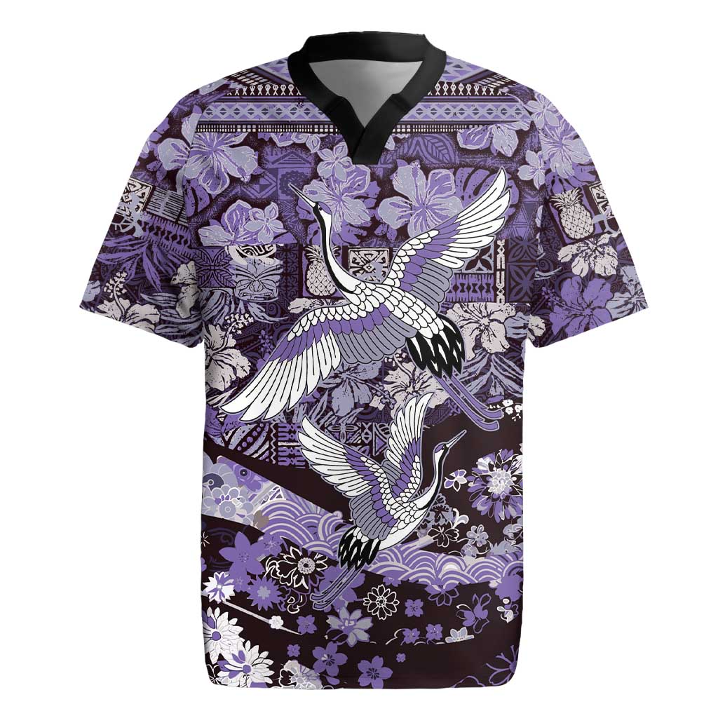 Japanese Hawaiian Crane Rugby Jersey Purple Tapa Patchwork Pattern