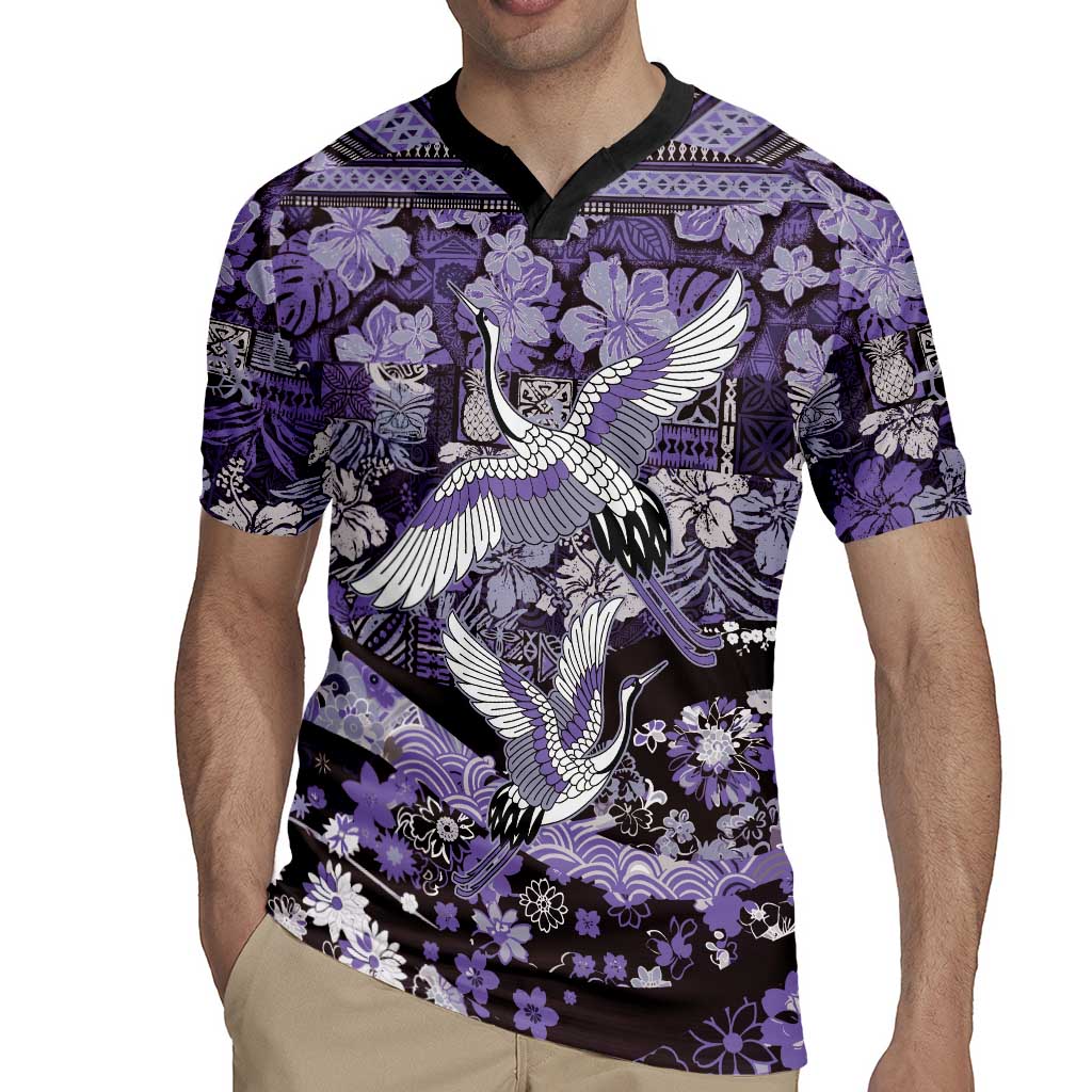 Japanese Hawaiian Crane Rugby Jersey Purple Tapa Patchwork Pattern