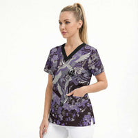 Japanese Hawaiian Crane Scrub Top Purple Tapa Patchwork Pattern