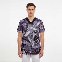 Japanese Hawaiian Crane Scrub Top Purple Tapa Patchwork Pattern