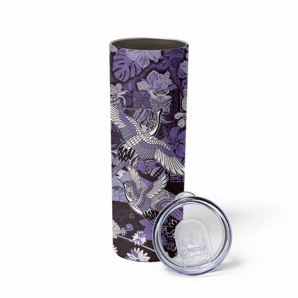 Japanese Hawaiian Crane Skinny Tumbler Purple Tapa Patchwork Pattern