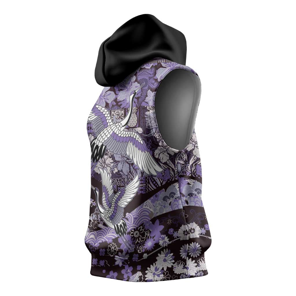 Japanese Hawaiian Crane Sleeveless Hoodie Purple Tapa Patchwork Pattern