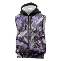 Japanese Hawaiian Crane Sleeveless Zip Hoodie Purple Tapa Patchwork Pattern
