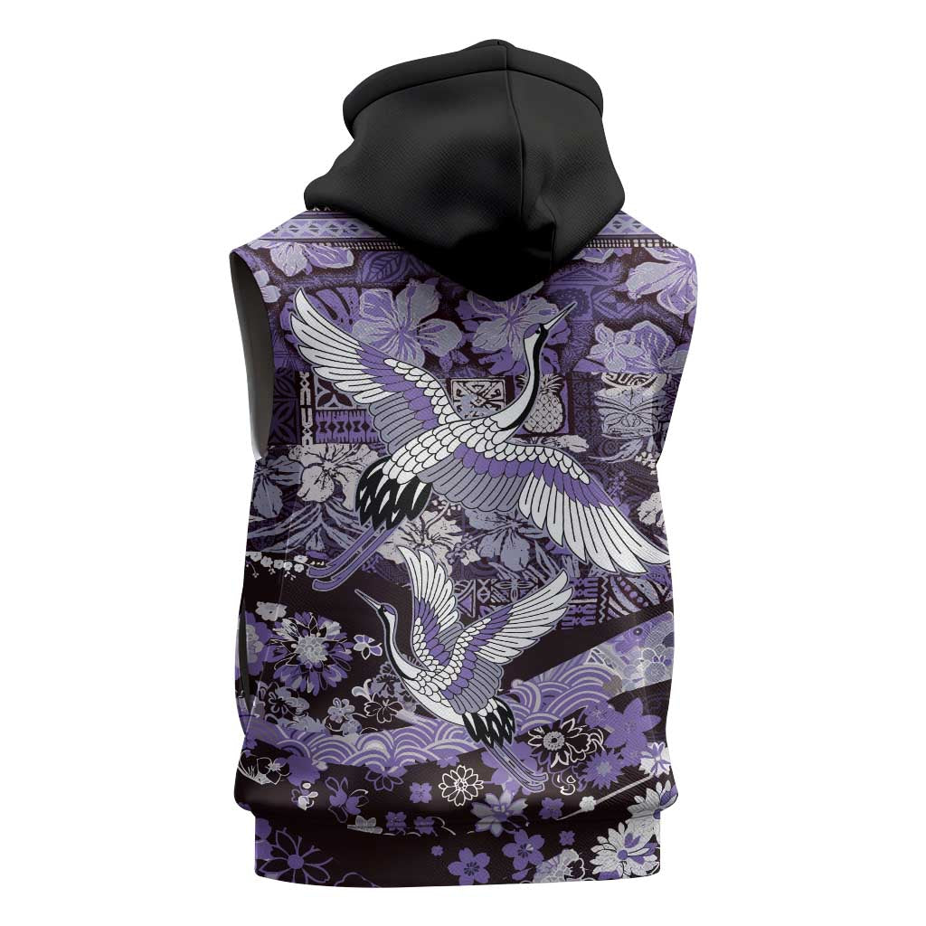Japanese Hawaiian Crane Sleeveless Zip Hoodie Purple Tapa Patchwork Pattern