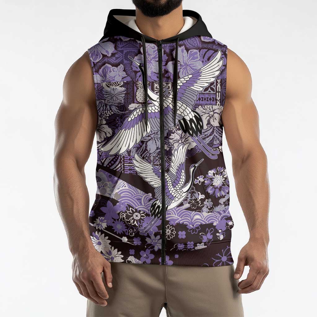 Japanese Hawaiian Crane Sleeveless Zip Hoodie Purple Tapa Patchwork Pattern