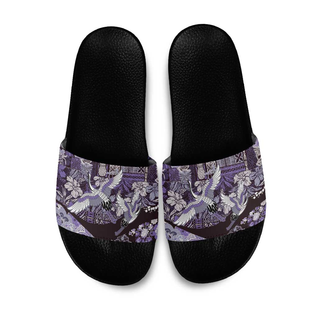 Japanese Hawaiian Crane Slide Sandals Purple Tapa Patchwork Pattern