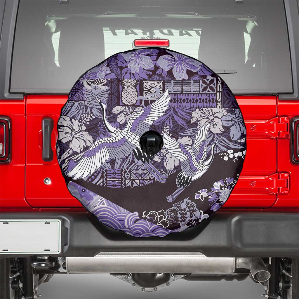Japanese Hawaiian Crane Spare Tire Cover Purple Tapa Patchwork Pattern