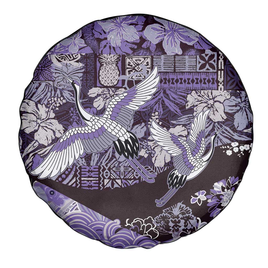 Japanese Hawaiian Crane Spare Tire Cover Purple Tapa Patchwork Pattern