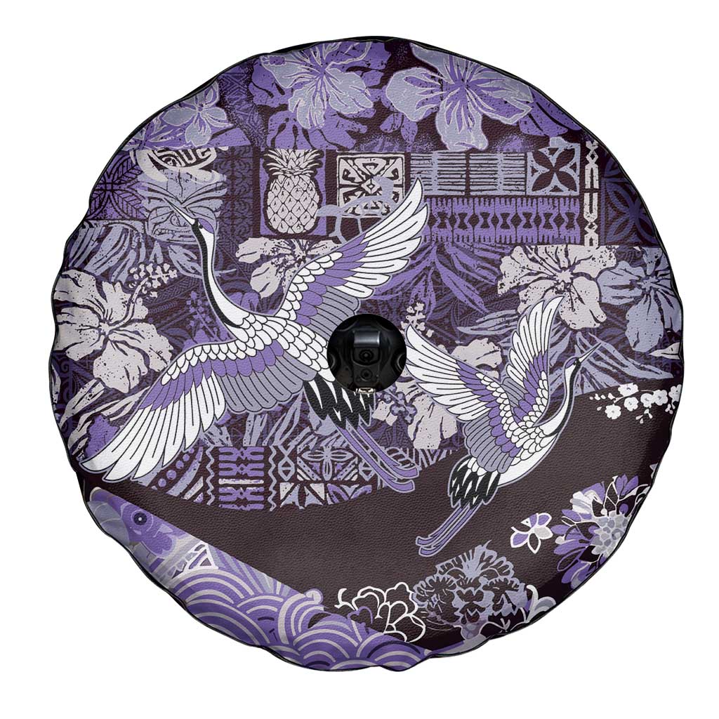 Japanese Hawaiian Crane Spare Tire Cover Purple Tapa Patchwork Pattern