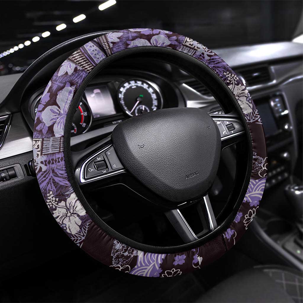 Japanese Hawaiian Crane Steering Wheel Cover Purple Tapa Patchwork Pattern