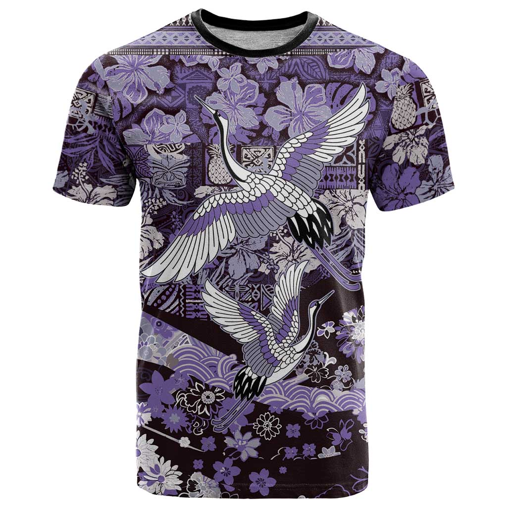 Japanese Hawaiian Crane T Shirt Purple Tapa Patchwork Pattern