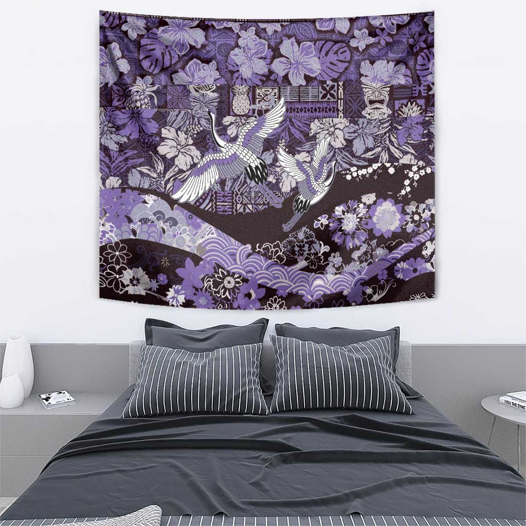 Japanese Hawaiian Crane Tapestry Purple Tapa Patchwork Pattern