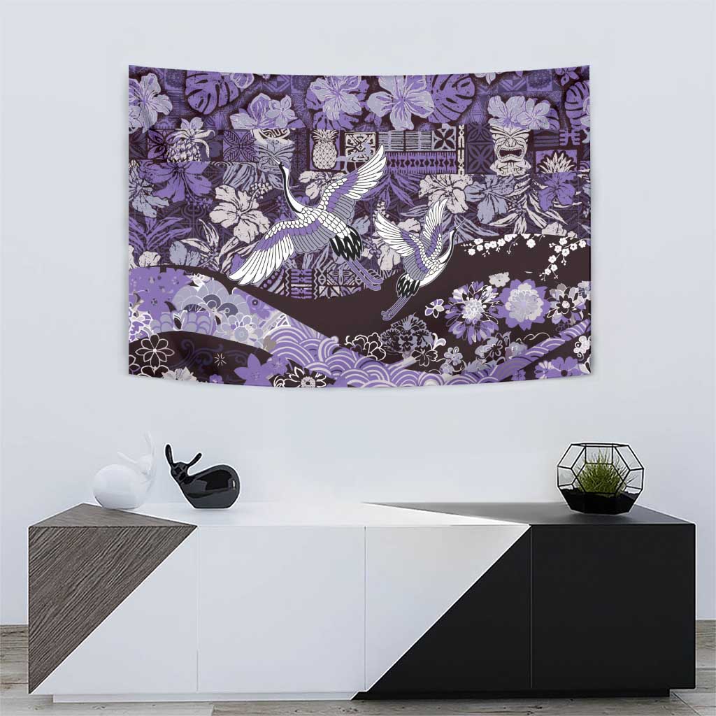 Japanese Hawaiian Crane Tapestry Purple Tapa Patchwork Pattern