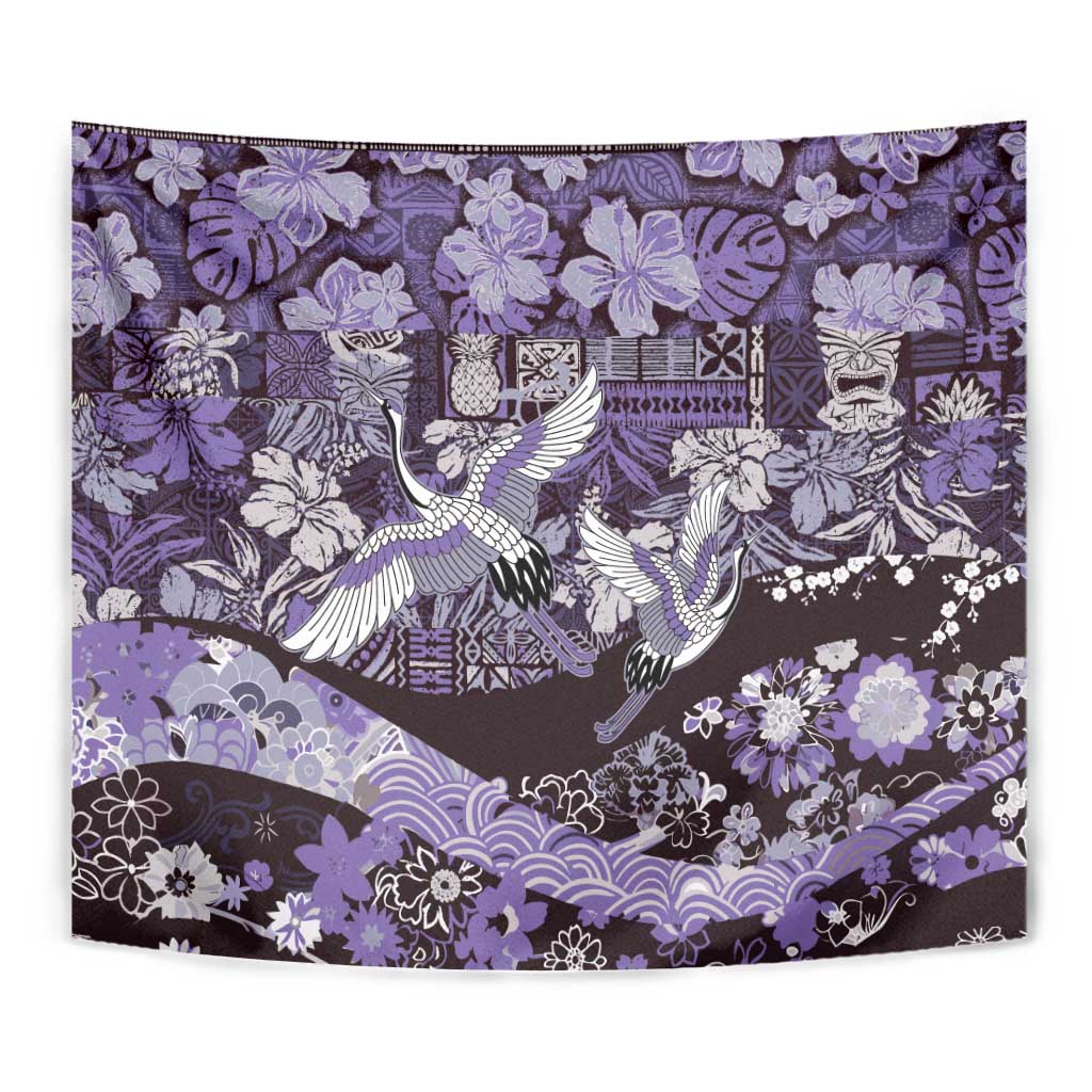 Japanese Hawaiian Crane Tapestry Purple Tapa Patchwork Pattern