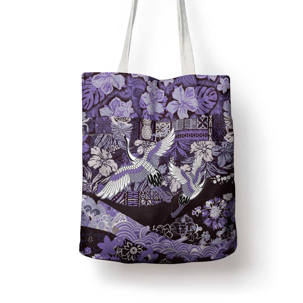 Japanese Hawaiian Crane Tote Bag Purple Tapa Patchwork Pattern