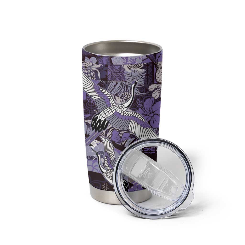 Japanese Hawaiian Crane Tumbler Cup Purple Tapa Patchwork Pattern