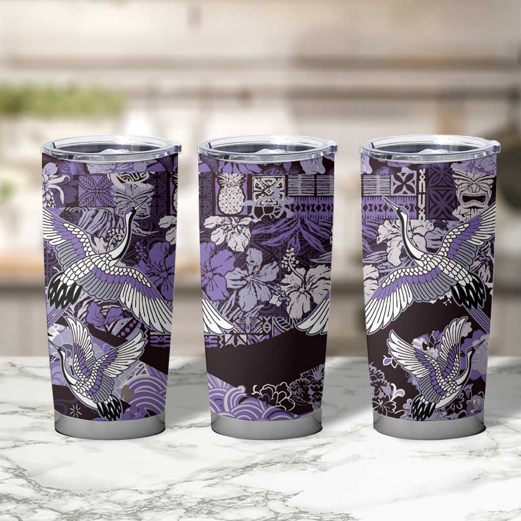 Japanese Hawaiian Crane Tumbler Cup Purple Tapa Patchwork Pattern