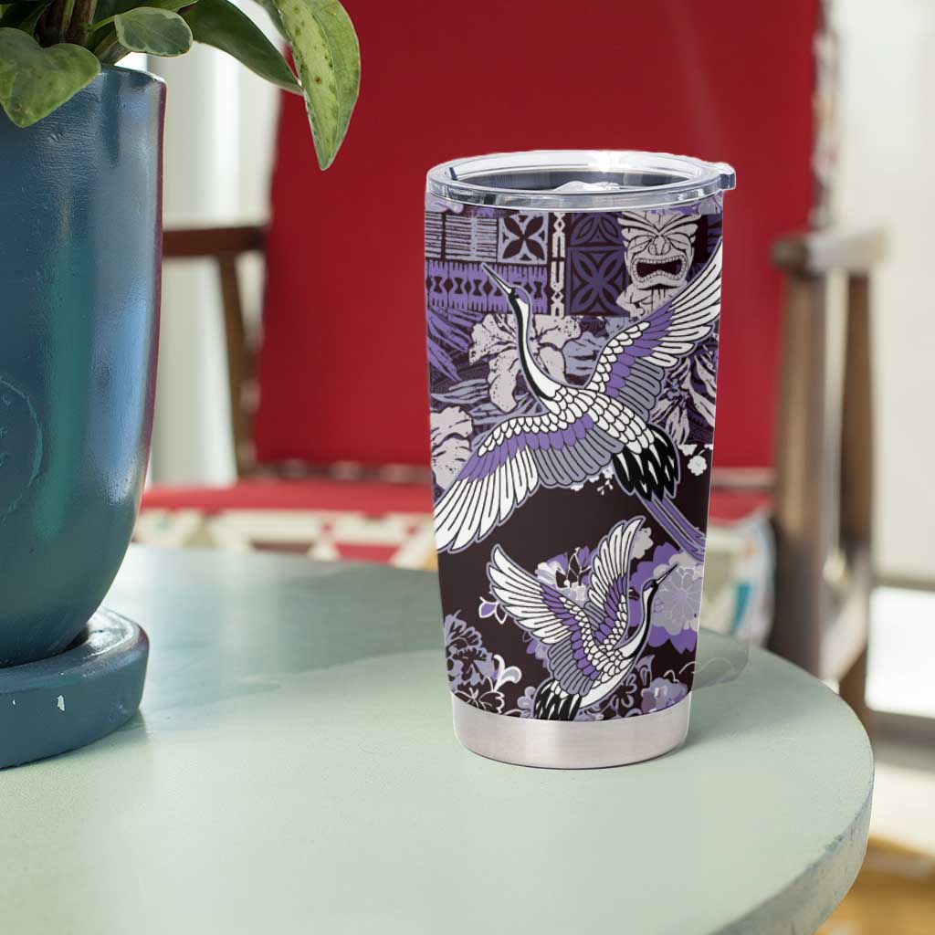 Japanese Hawaiian Crane Tumbler Cup Purple Tapa Patchwork Pattern