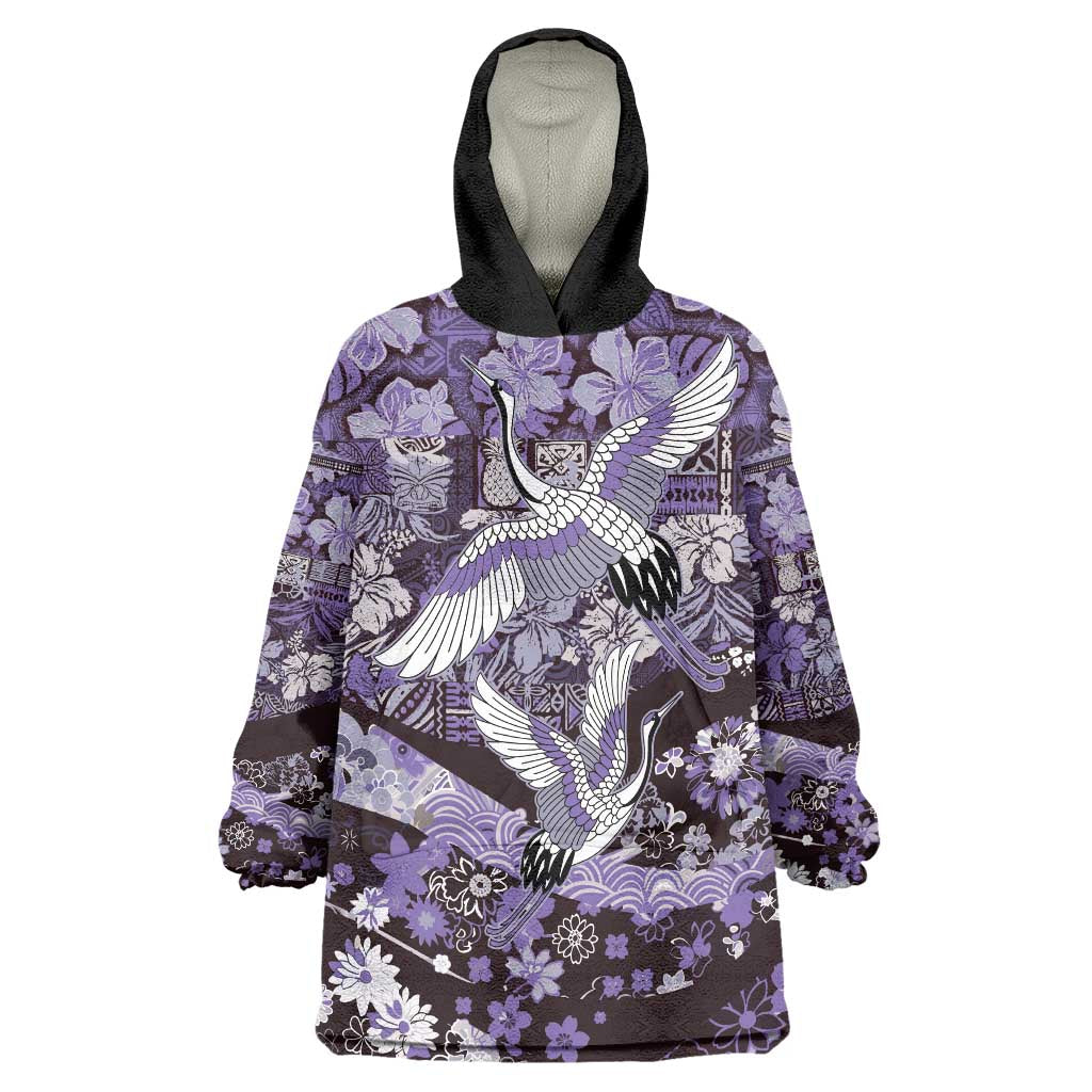 Japanese Hawaiian Crane Wearable Blanket Hoodie Purple Tapa Patchwork Pattern
