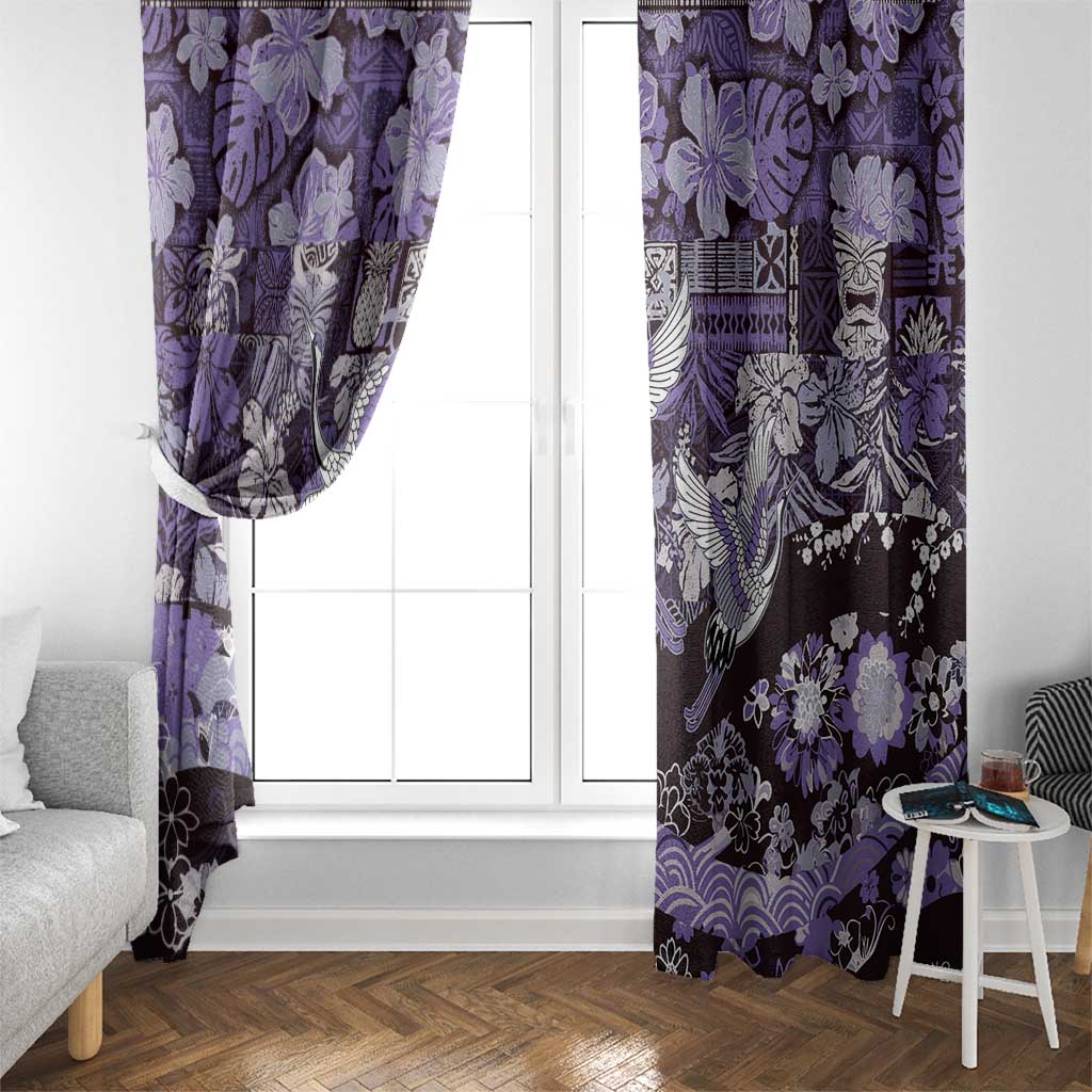 Japanese Hawaiian Crane Window Curtain Purple Tapa Patchwork Pattern