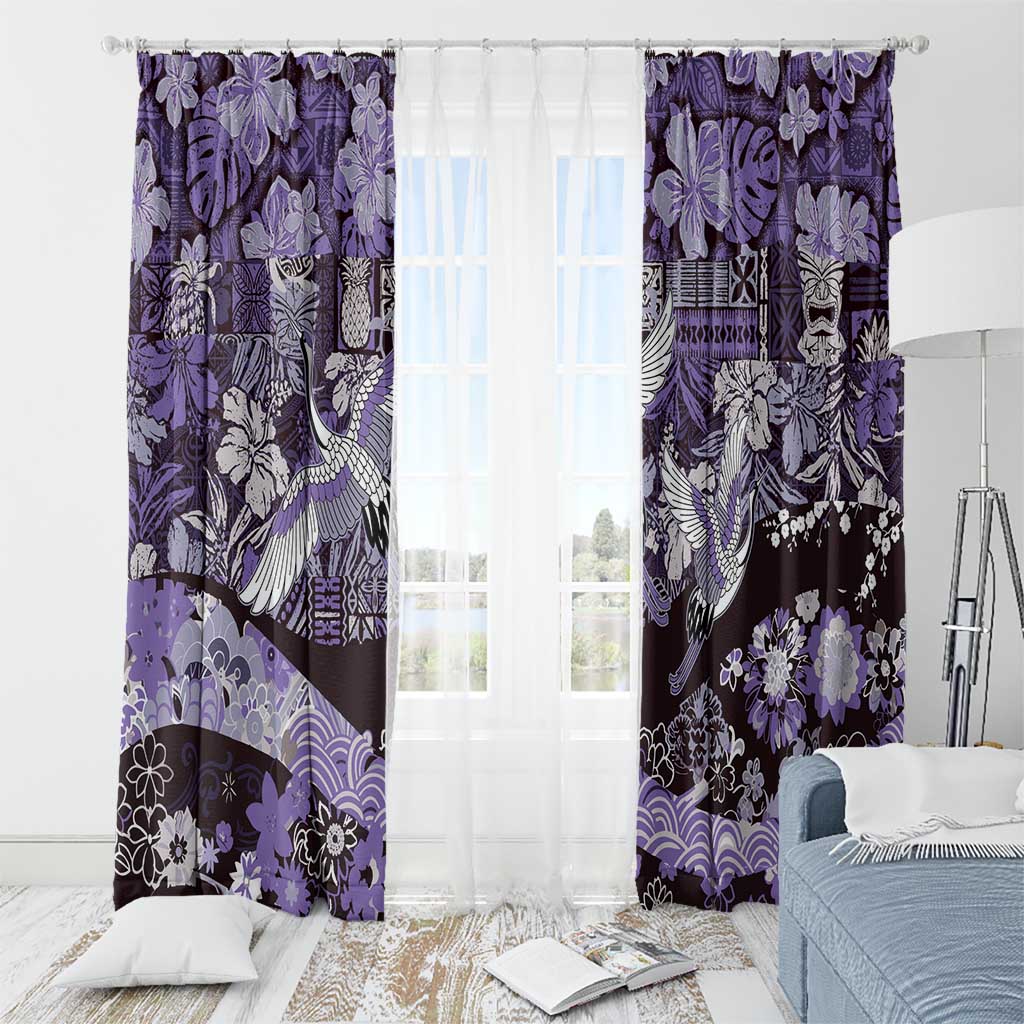 Japanese Hawaiian Crane Window Curtain Purple Tapa Patchwork Pattern
