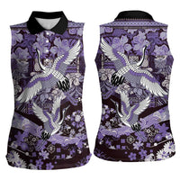 Japanese Hawaiian Crane Women Sleeveless Polo Shirt Purple Tapa Patchwork Pattern