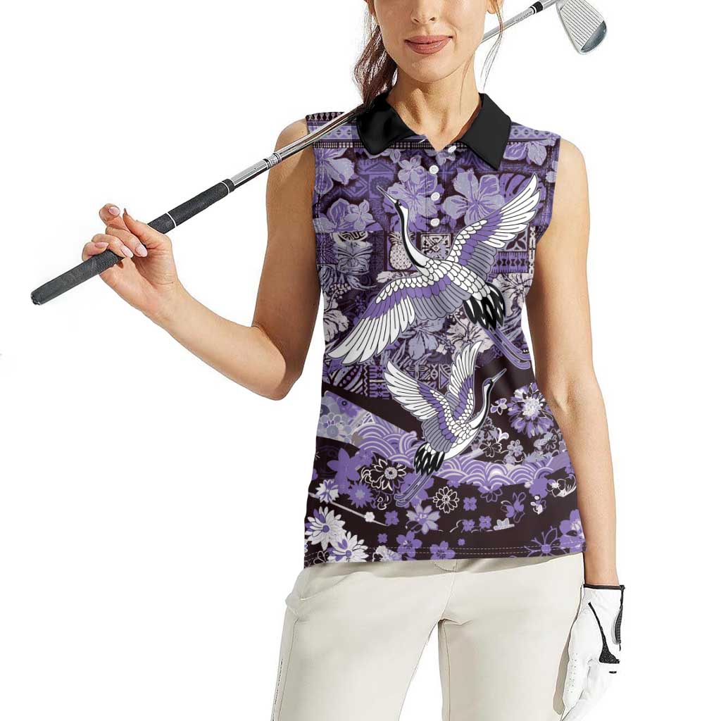 Japanese Hawaiian Crane Women Sleeveless Polo Shirt Purple Tapa Patchwork Pattern