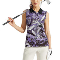 Japanese Hawaiian Crane Women Sleeveless Polo Shirt Purple Tapa Patchwork Pattern