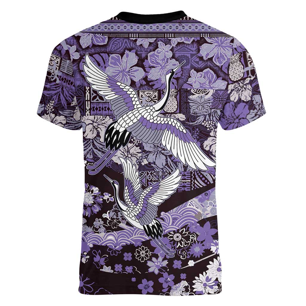 Japanese Hawaiian Crane Women V-Neck T-Shirt Purple Tapa Patchwork Pattern