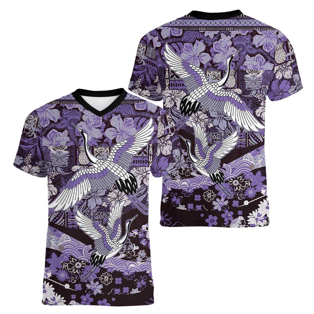 Japanese Hawaiian Crane Women V-Neck T-Shirt Purple Tapa Patchwork Pattern