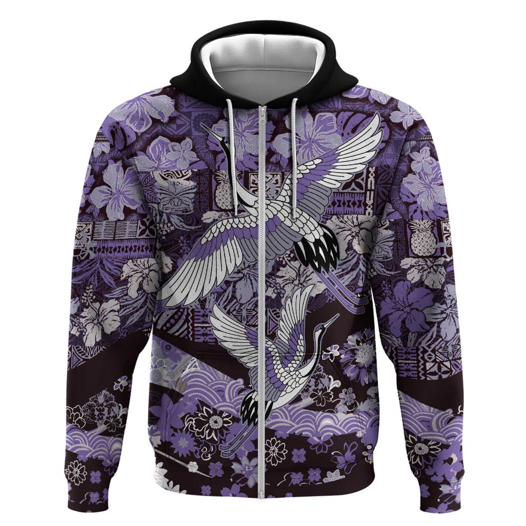 Japanese Hawaiian Crane Zip Hoodie Purple Tapa Patchwork Pattern