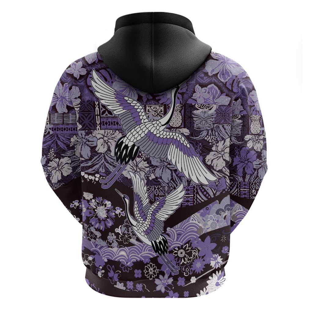 Japanese Hawaiian Crane Zip Hoodie Purple Tapa Patchwork Pattern