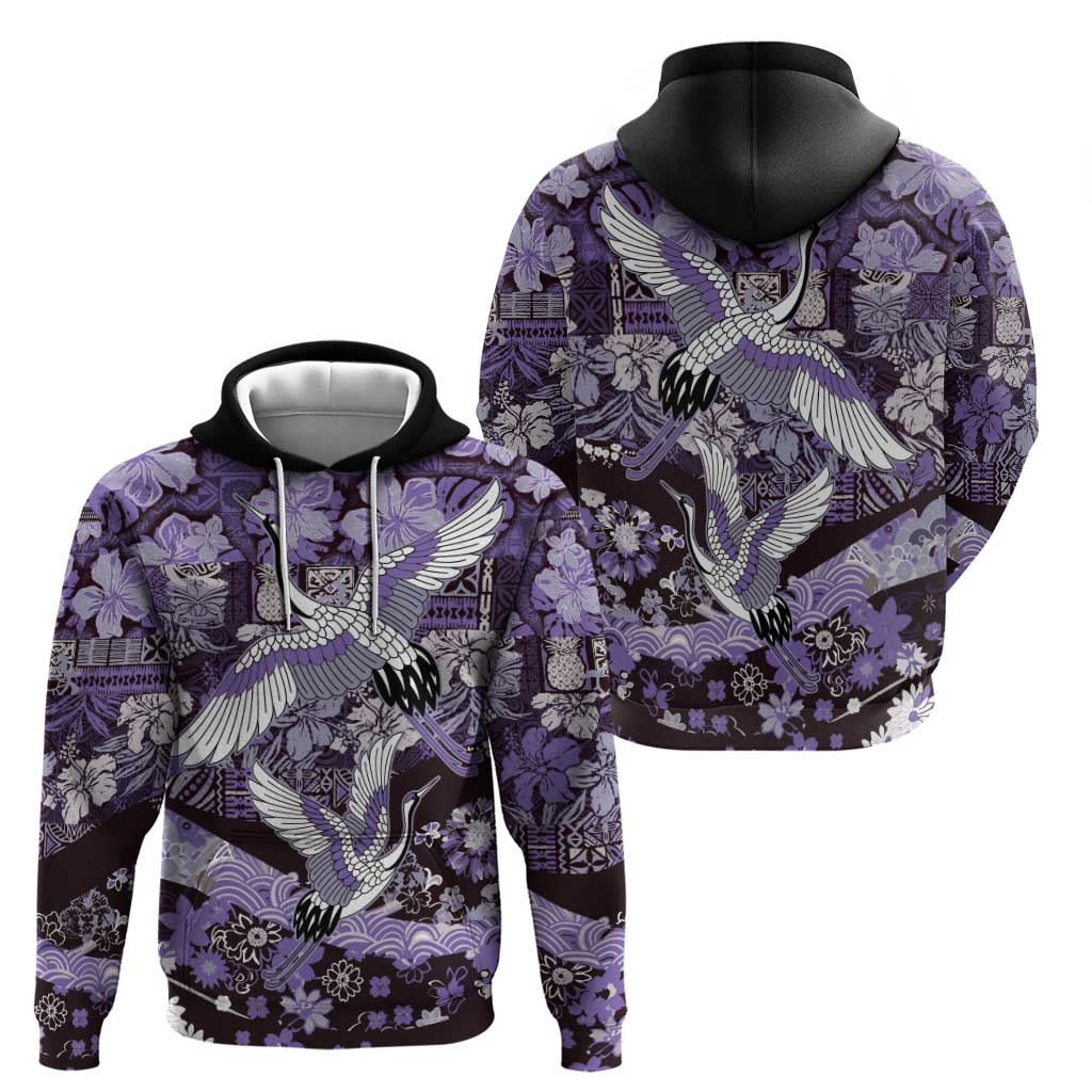 Japanese Hawaiian Crane Zip Hoodie Purple Tapa Patchwork Pattern
