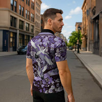 Japanese Hawaiian Crane Zipper Polo Shirt Purple Tapa Patchwork Pattern