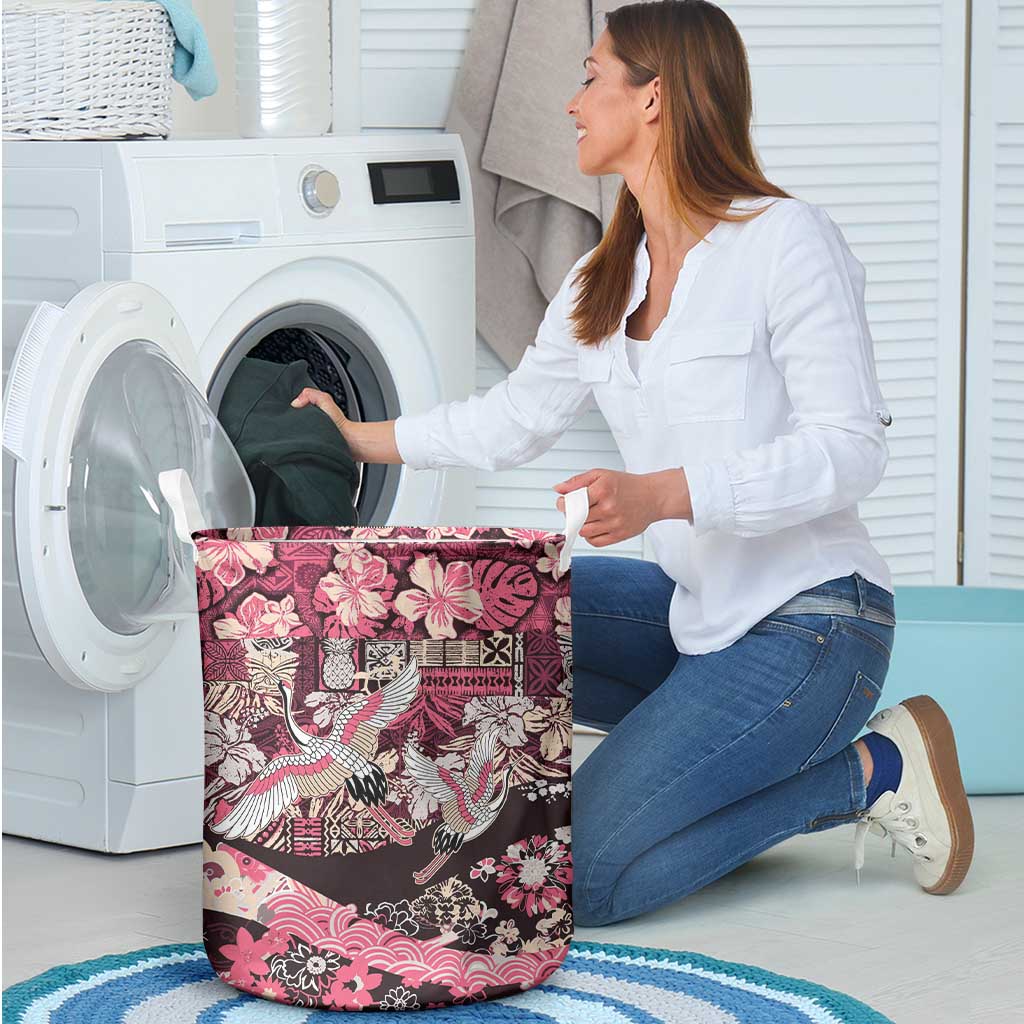 Japanese Hawaiian Crane Laundry Basket Soft Pink Tapa Patchwork Pattern