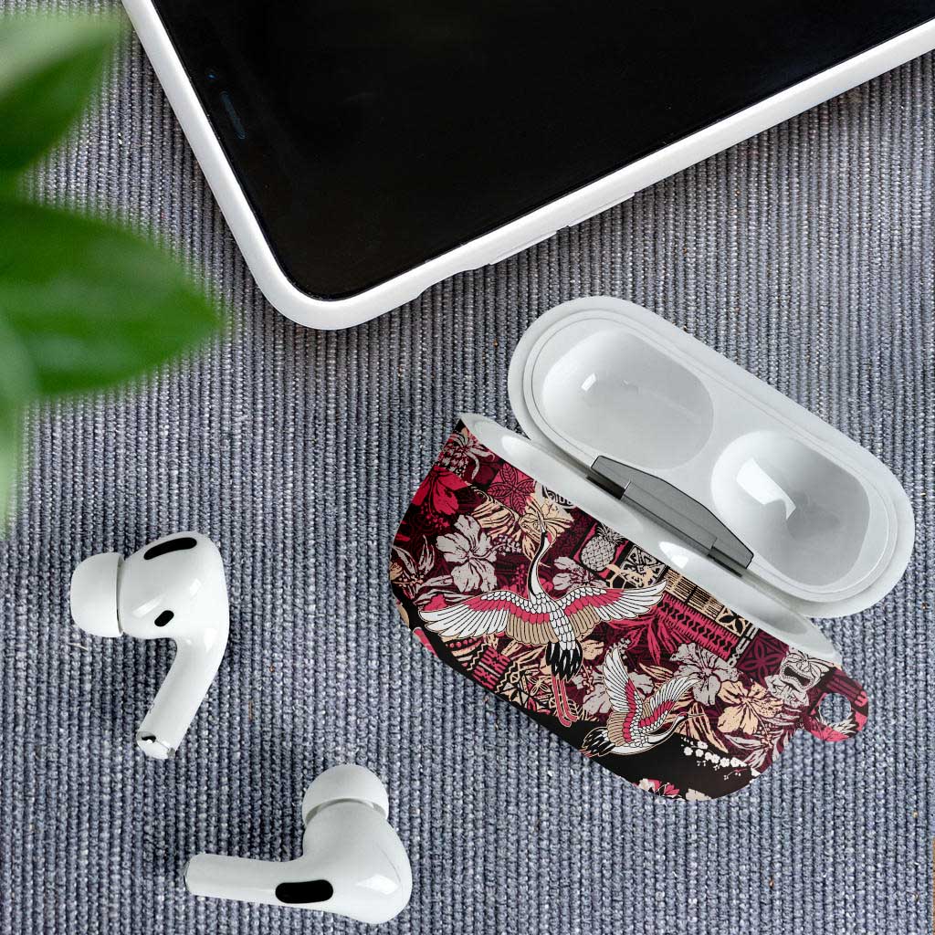 Japanese Hawaiian Crane AirPods Case Soft Pink Tapa Patchwork Pattern