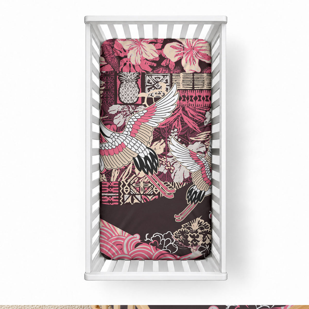 Japanese Hawaiian Crane Baby Bed Cover Soft Pink Tapa Patchwork Pattern LT9 28 × 52 in Blue - Polynesian Pride