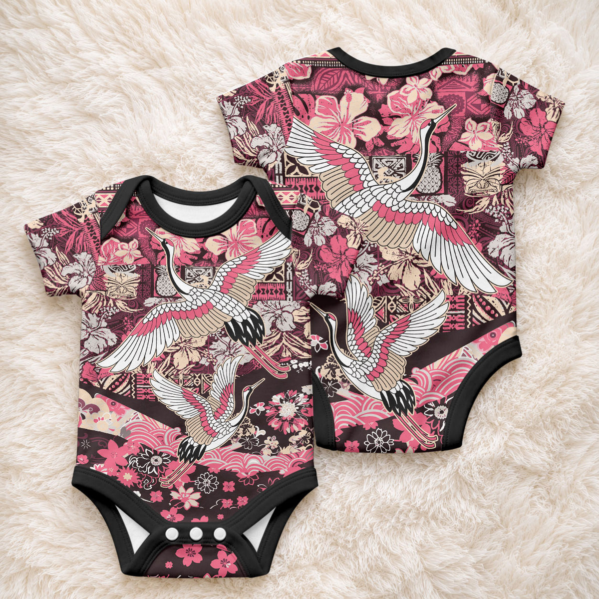 Japanese Hawaiian Crane Baby Onesie Soft Pink Tapa Patchwork Pattern LT9 - Polynesian Pride