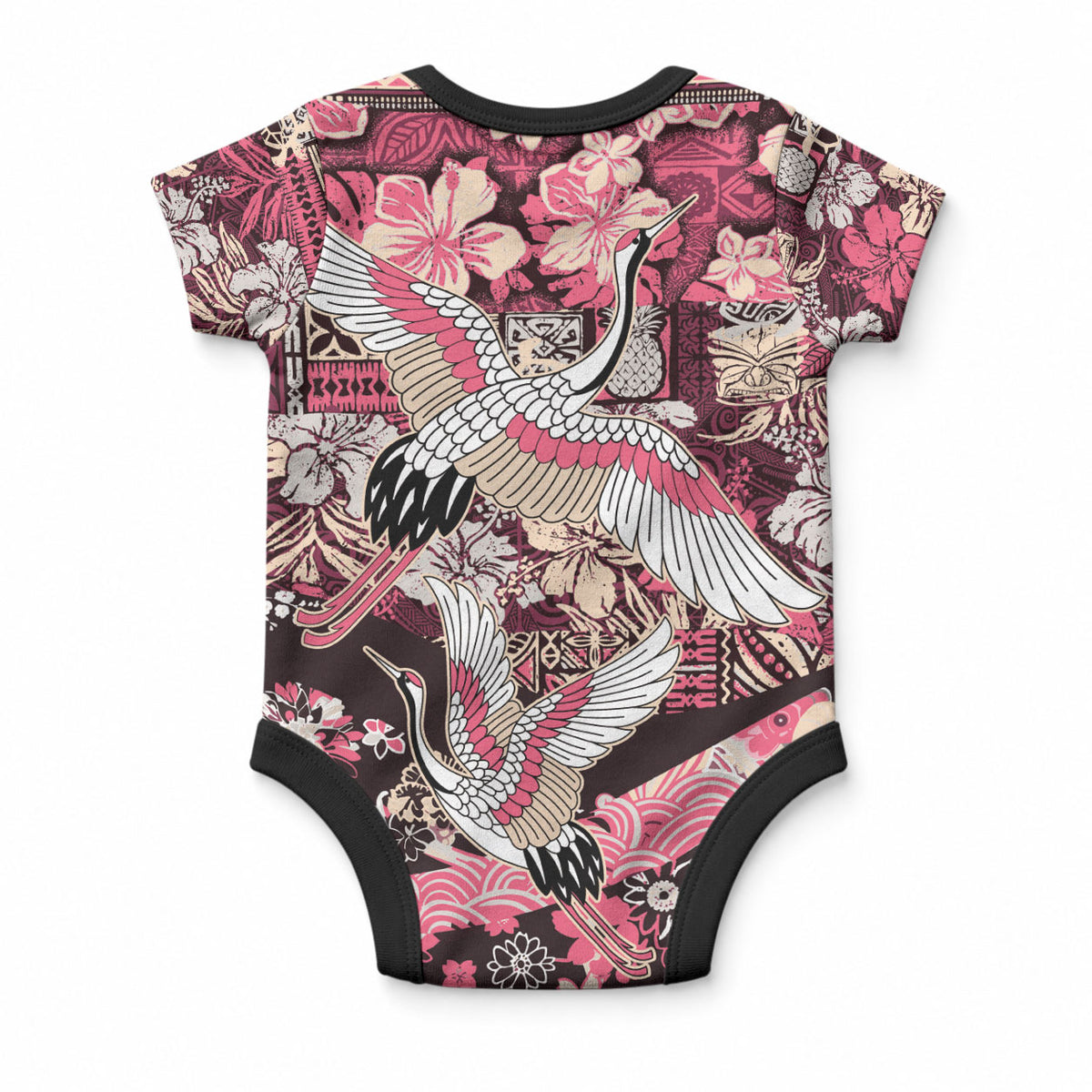 Japanese Hawaiian Crane Baby Onesie Soft Pink Tapa Patchwork Pattern LT9 - Polynesian Pride