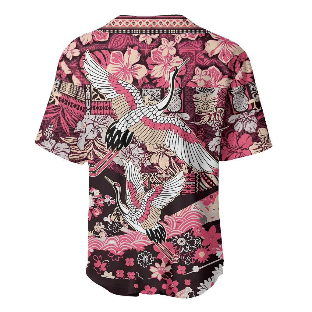Japanese Hawaiian Crane Baseball Jersey Soft Pink Tapa Patchwork Pattern