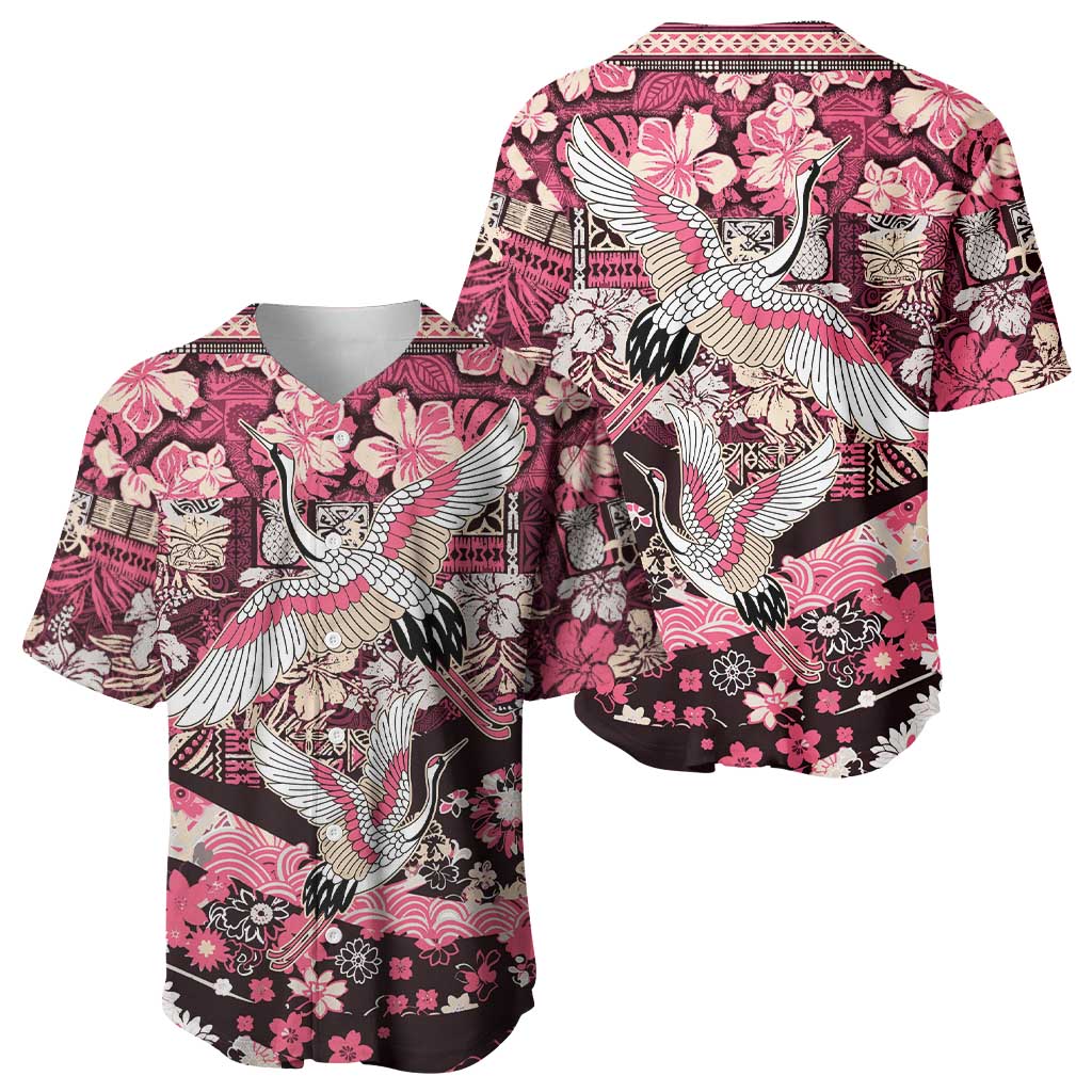 Japanese Hawaiian Crane Baseball Jersey Soft Pink Tapa Patchwork Pattern
